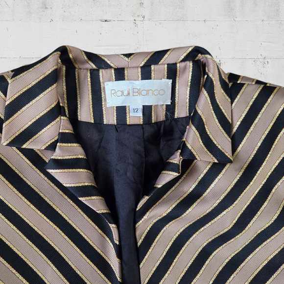 80s Vintage Gold Black Striped Silk Blend Cropped USA Made Power Blazer Size 12 - Picture 3 of 8